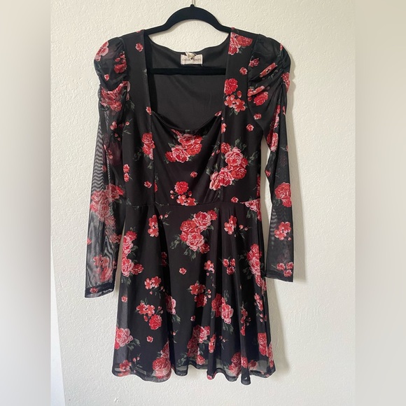 Derek Heart Dresses & Skirts - Mesh Long sleeve Mini Dress Black with Red Roses Used twice Excellent condition